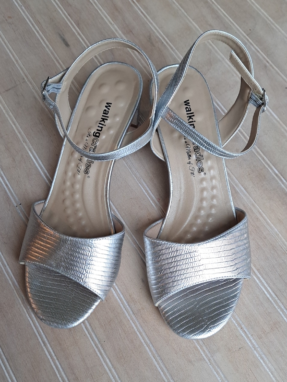 Walking Cradles Liza Silver Metallic Short Block Heel Lizard Open Toe Sandals